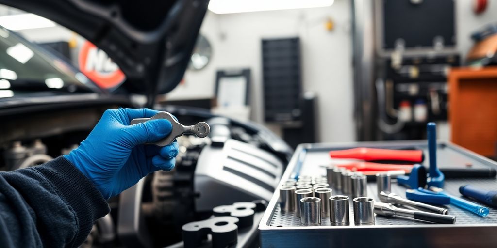 Mechanic inspecting car engine with tools.
