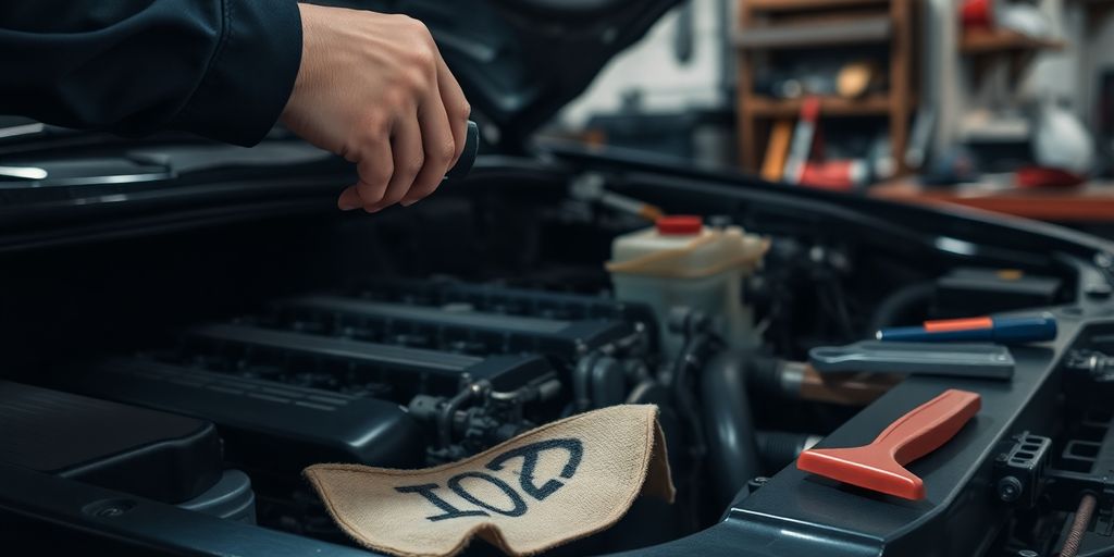 Mechanic inspecting car engine with flashlight.