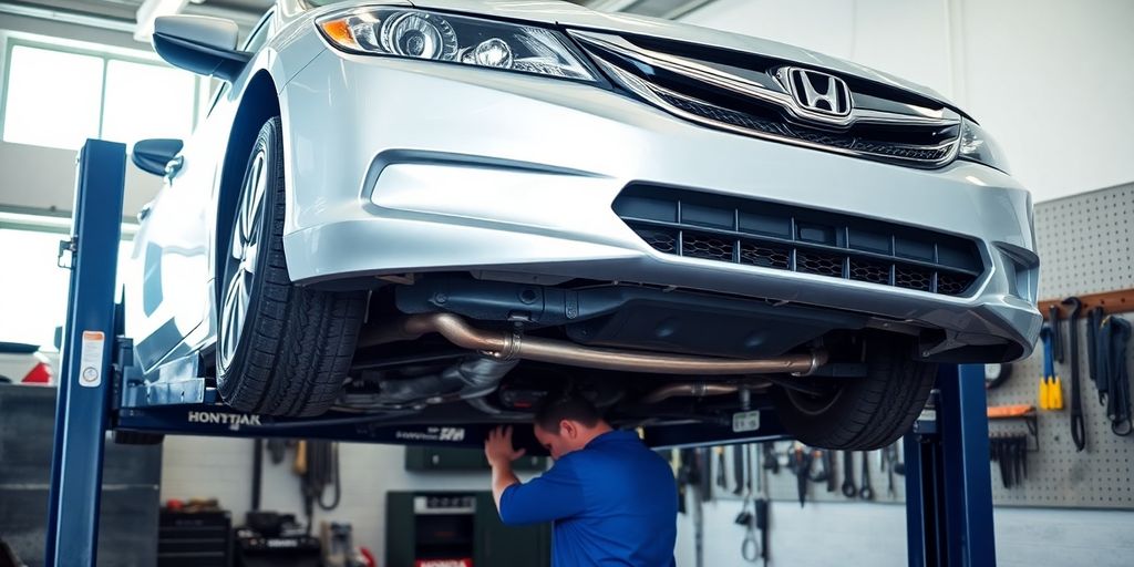 Mechanic working on a Honda in a clean garage.