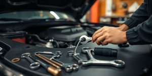 Mechanic inspecting car engine with tools