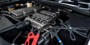Car engine close-up with mechanic's hands.