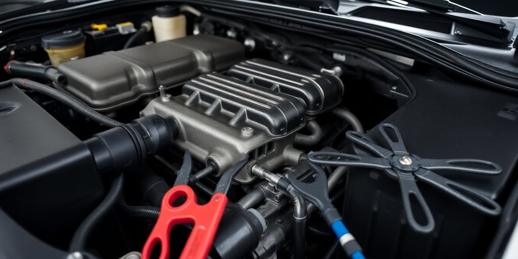Car engine close-up with mechanic's hands.