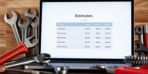 Car repair estimator software interface on a workbench.